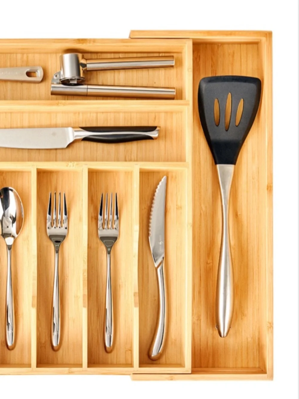 Solid Bamboo Expandable Drawer Organizer for Kitchen Utensils